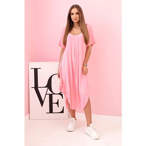 Kesi Włoski Damenkleid aus Viskose mit kurzen Ärmeln und ausgestelltem Saum light pink Cene