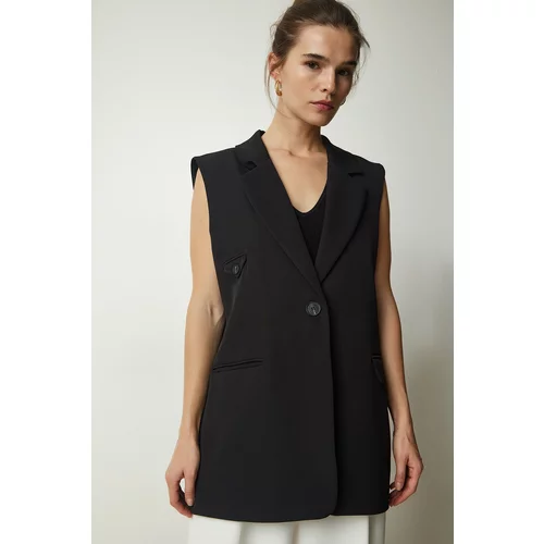 Happiness İstanbul Women's Black Double Breasted Collar Pocket Woven Vest