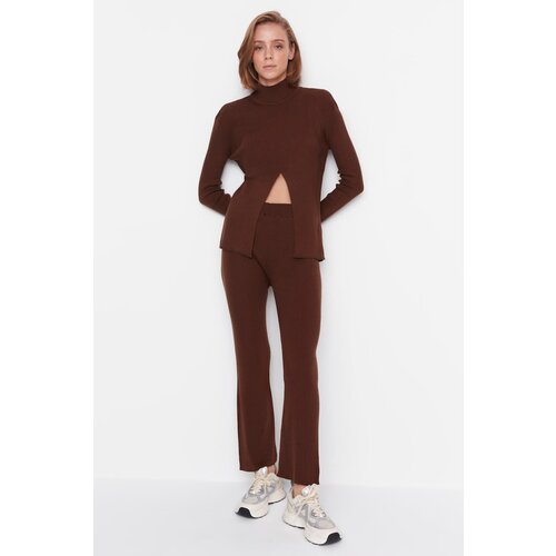 Trendyol Dark Brown Slit Detailed Knitwear Trousers Slike