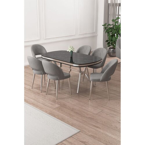 Hanah home trpezarijski set Jita, sto i 6 stolica, ploča u dekoru Sonata, hromirane noge, siva tkanina Babyface Cene