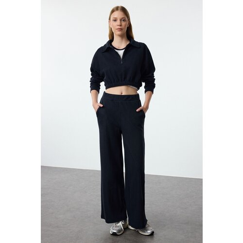 Trendyol Navy Blue Wide Leg/Relaxed Fit Ribbed Knitted Sweatpants Slike