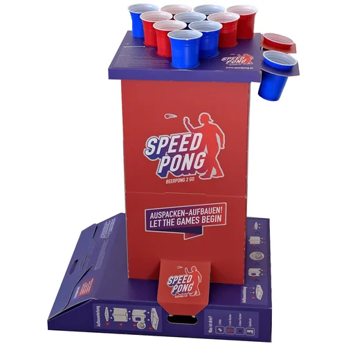 BeerCup Bounce, speedpong stupac, kompaktni karton, 6 plavih i crvenih čaša, uključujući 2 loptice