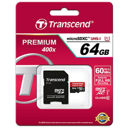Transcend PREMIUM 64GB MicroSDHC kartica UHS1 60MB/s 400x Class10 Slike