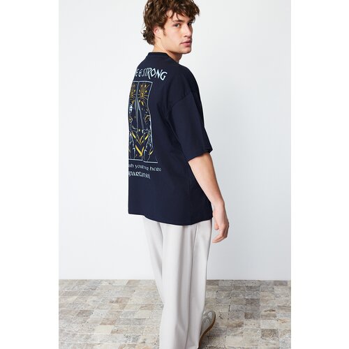 Trendyol Navy Blue Men's Oversize/Wide Cut Mystic Printed 100% Cotton Short Sleeve T-Shirt Slike