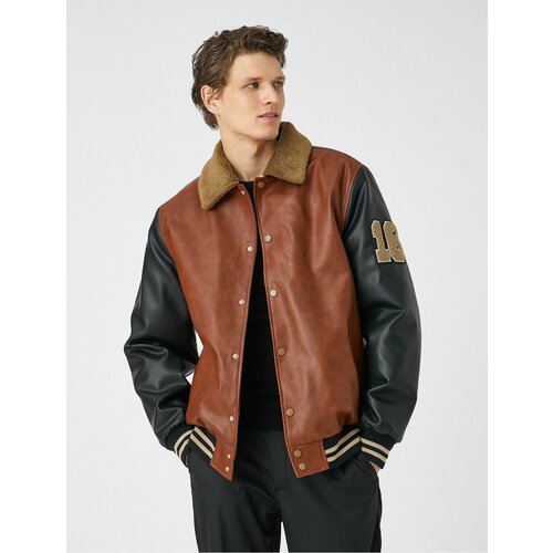 Koton College Jacket Leather Look Collar Detailed Embroidered Snap Buttons Pocket Slike