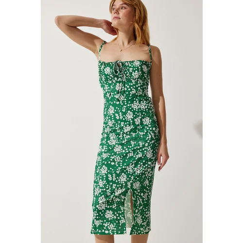  Women's Dark Green Floral Slit Summer Knitted Dress