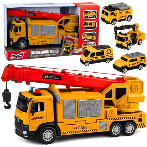 Truck with Crane and Vehicle Transporter Lights Sounds Yellow Slike
