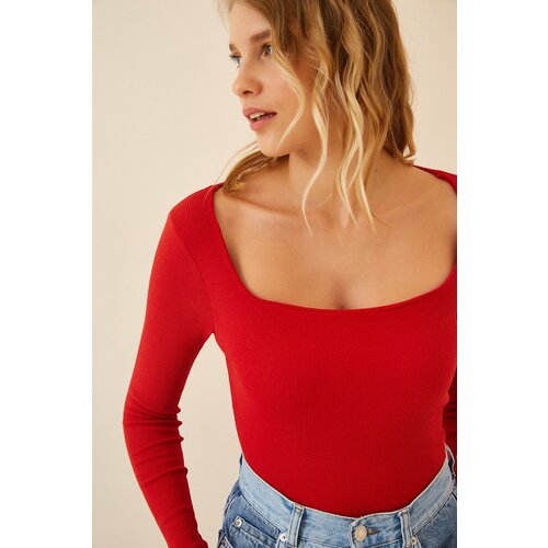  Women&amp;#039;s Red Square Collar Corduroy Knitted Blouse Slike