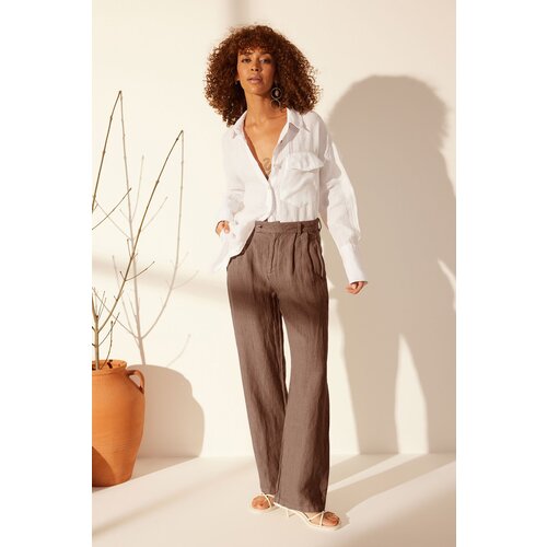 Trendyol Brown 100% Linen Pleated High Waist Wide Leg Trousers Slike