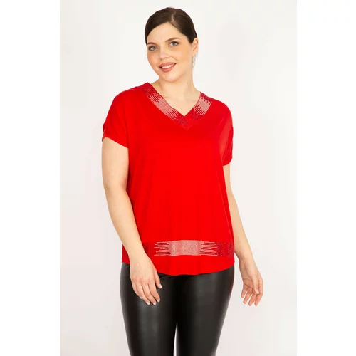 Şans Women's Red Plus Size Collar And Hem Stone Detailed V-Neck Blouse