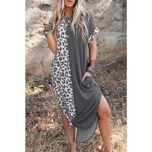 Fenzy elegantna maxi obleka z leopardjim potiskom, siva