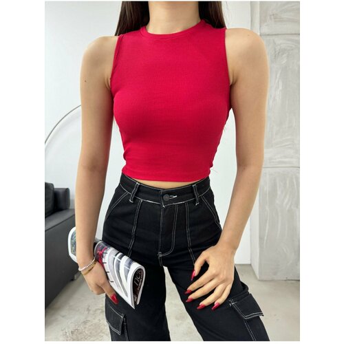 BİKELİFE Women's Ribbed Crew Neck Rear Window Detail Fitted Crop Top Blouse Cene