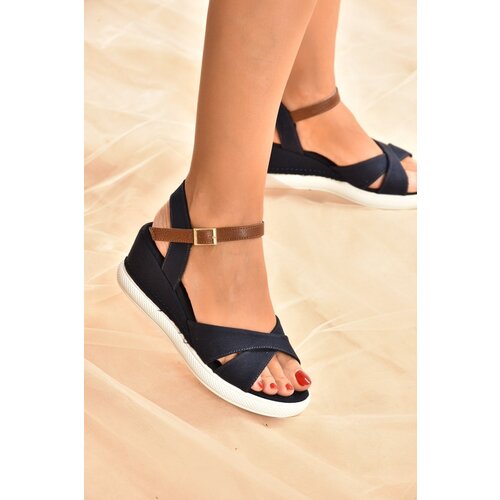 Fox Shoes Women's Navy Blue Linen Wedge Heeled Shoes K674350005 Cene