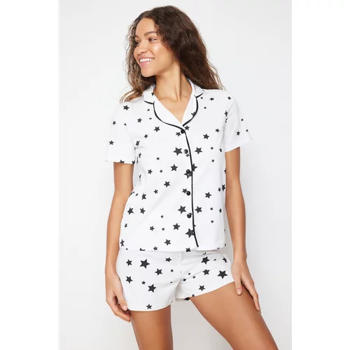 Trendyol Ecru 100% Cotton Star Printed Piping Shirt-Shorts Knitted Pajama Set