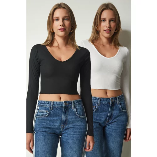 Happiness İstanbul Women's Black and White V-Neck 2-Pack Crop Knitted Blouse