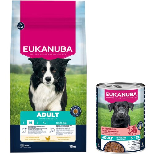  15 kg Eukanuba suha hrana + 3 x 400 g odgovarajuće mokre hrane gratis! - Adult Medium Breed piletina +  Adult bogato govedinom s bundevom Cijene