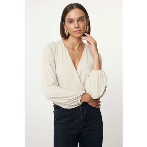 Trendyol Stone Slim Double Breasted Collar Flexible Knitted Blouse