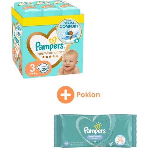 Pampers Pelene Monthly pack Premium S3 MSB 6-10kg, 200 komada i Poklon Fresh Clean Vlažne maramice, 12x52 komada Cene