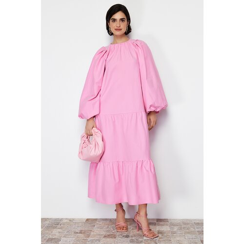 Trendyol Pink Balloon Sleeve Skirt Layered Cotton Woven Dress Slike