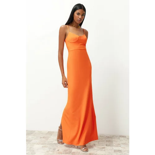 Trendyol Orange Chest Detailed Fitted Long Evening Dress