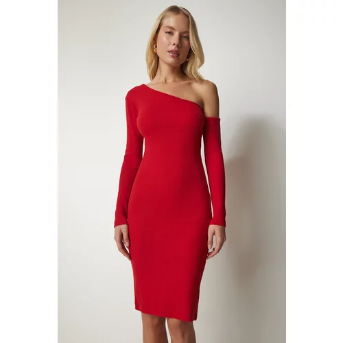 Happiness İstanbul Women's Red Open Shoulder Fitted Ribbed Dress