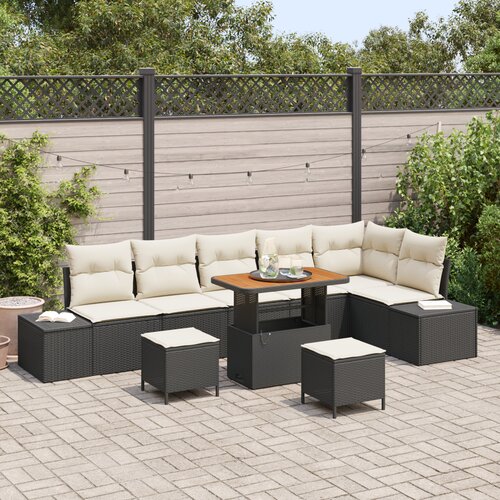 VidaXL 9-dijelni vrtni sofa set s jastučićima crni poli rattan akacija, 2-sjedni vrtni sofa s pohranom i jastučićima crni poli rattan, 3-dijelni vrtni set za objedovanje s jastučićima crni poli rattan akacija Slike