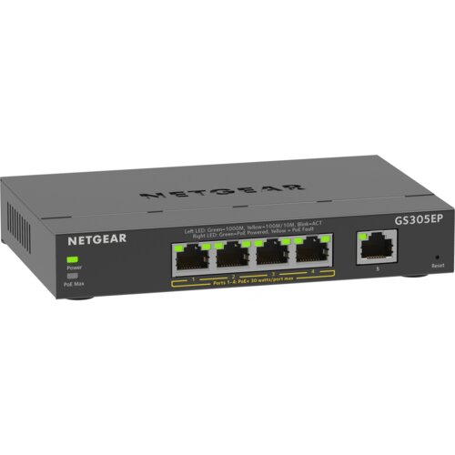 Netgear 5-Port Gigabit Ethernet PoE+ Plus Switch (GS305EP) Upravljano L2/L3 Gigabit Ethernet (10/100/1000) Podpora za napajanje preko Etherneta (PoE) Črna Cene