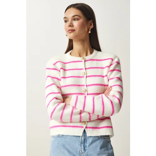 Happiness İstanbul Women's Bone Pink Stylish Buttoned Striped Knitwear Cardigan