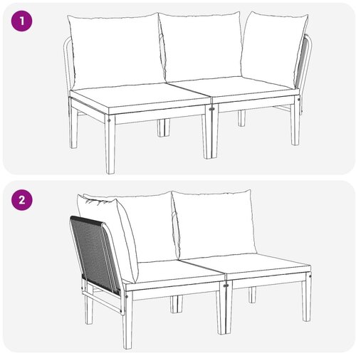  2 kom. Vrtni Lounge Set s Jastučićima Prirodna - Crna i krem bijela Kutna sofa + srednja sofa Slike