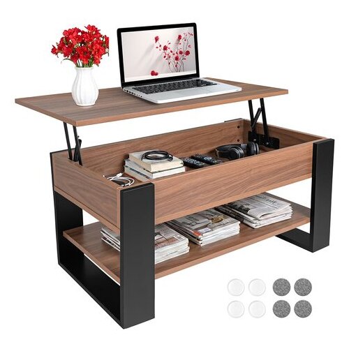 Ruhhy klub stolić s podiznom pločom 92 cm &amp;ndash; 3u1, spremnik i polica (hrast/crni) Slike
