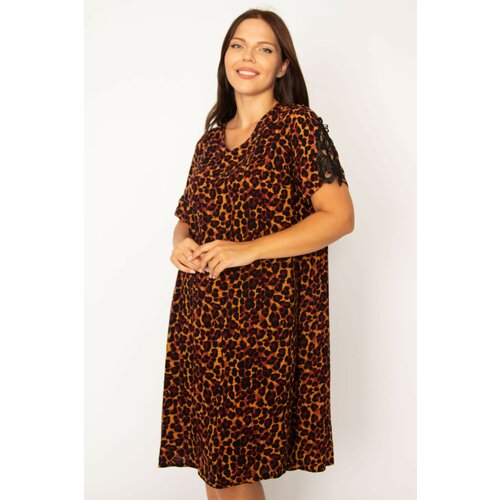 Şans Women's Plus Size Leo Lace Detailed V-Neck Leopard Patterned Dress Slike