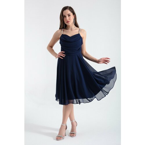 Lafaba Women's Navy Blue Stone Strap Midi Evening Dress Slike