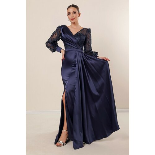 By Saygı Navy Blue Double Breasted Collar Long Satin Dress with Tulle Shimmer Embellishment and Front Pleat Lined. Cene