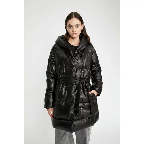 Defacto Waterproof Regular Fit Hooded Faux Leather Long Puffer Jacket