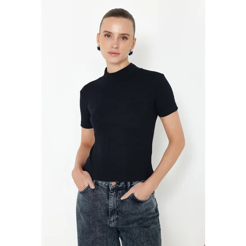 Trendyol Navy Blue Fitted High Collar Crop Ribbed Stretchy Knitted Blouse