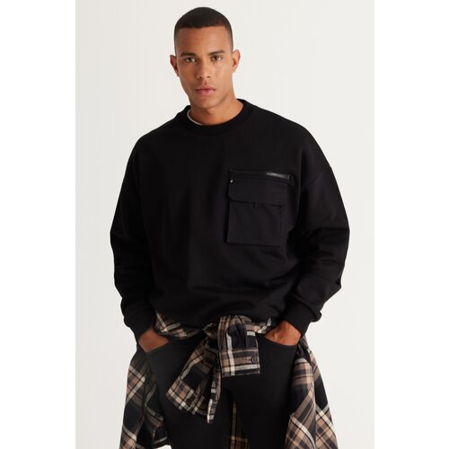AC&Co / Altınyıldız Classics Men's Black Oversize Wide-Fit Fleece Yarn Crew Neck 100% Cotton Sweatshirt Slike
