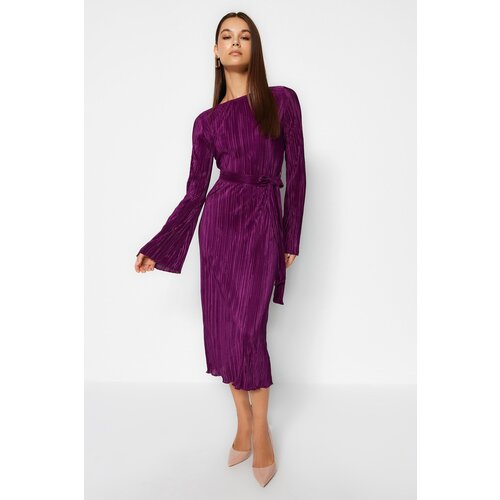 Trendyol Purple Premium Pleat Fabric A-Line Midi Knitted Dress with Flare Sleeves Detail Cene