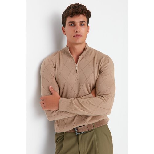 Trendyol Camel Men Slim Fit Half Turtleneck Zipper Collar Smart Knitwear Sweater Slike