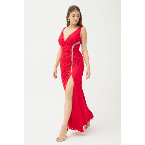 Lafaba Women's Red Stone Strap Long Evening Dress Slike