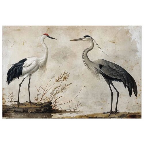  Plakat - Birds from an Old Engraving - vintage-style illustration of a heron and a crane 90x60 Bez okvira Slike