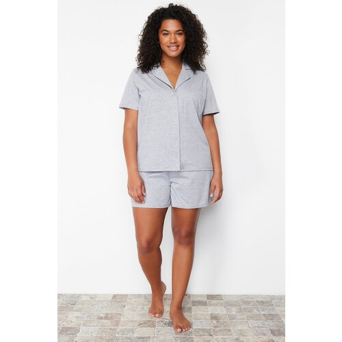 Trendyol Curve Gray Shirt Collar Short Knitted Pajamas Set Slike