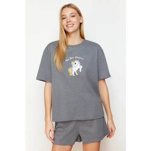 Trendyol Gray Melange Animal Single Jersey Knitted Pajama Set