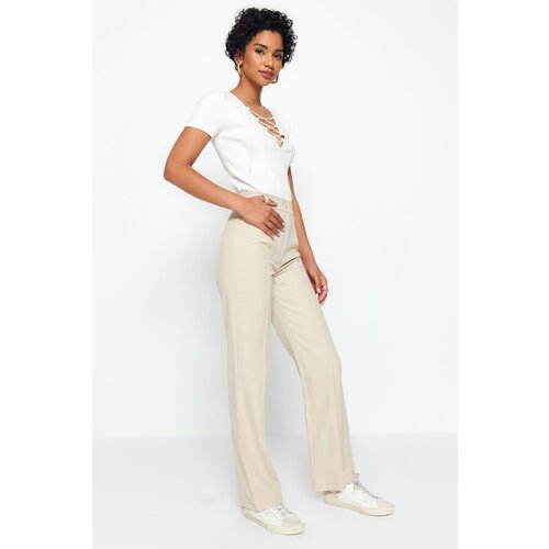 Trendyol Mink Straight Weave High Waist Rib Stitched Trousers Cene