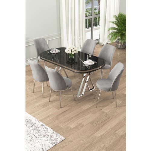 Hanah home Lai - Black Marble, Chrome, Grey Black MarbleChromeGrey Dining Table & Chairs Set (7 Pieces) Cene