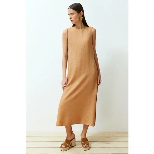 Trendyol Camel Straight Cut Woven Piping Detailed Dress