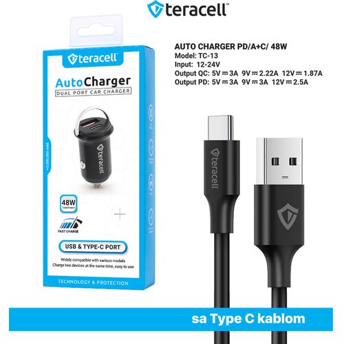 Teracell Auto punjač Evolution TC-13 PD 30W + USB QC3.0 18W/ 48W (total) sa Type-C kablom crni Cene