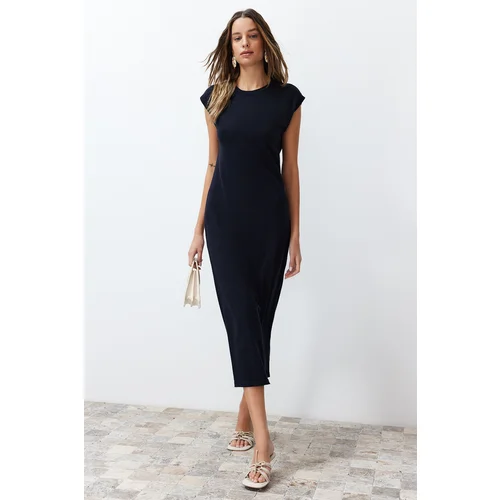 Trendyol Navy Blue Midi Knitwear Belt Color Block Dress