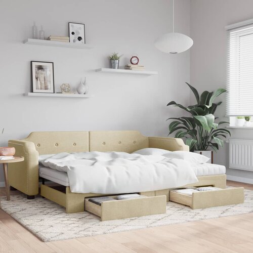 VidaXL Izvlečna dnevna postelja s predali krem 90x200 cm blago Slike
