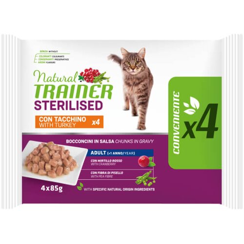 Natural trainer Cat Multipack Sterilised Adult, vrečka - puran - 4 x 85 g Cene