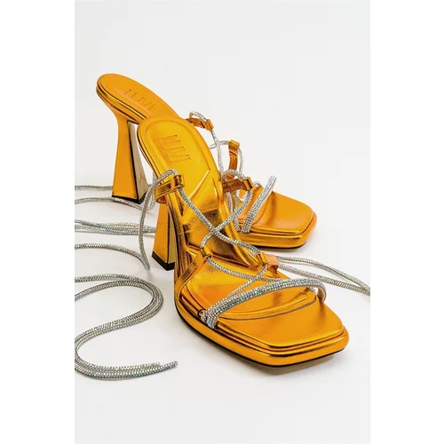 LuviShoes Women's Mezzo Metallic Orange Heeled Sandals